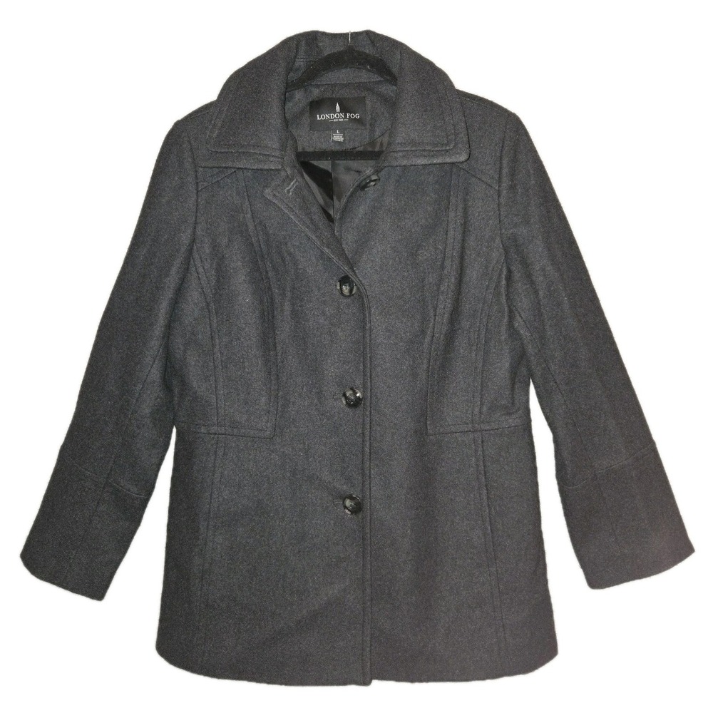 LONDON FOG Jacket Single Breasted Gray Wool Blend Pea Coat Women's Size Large - Picture 1 of 9